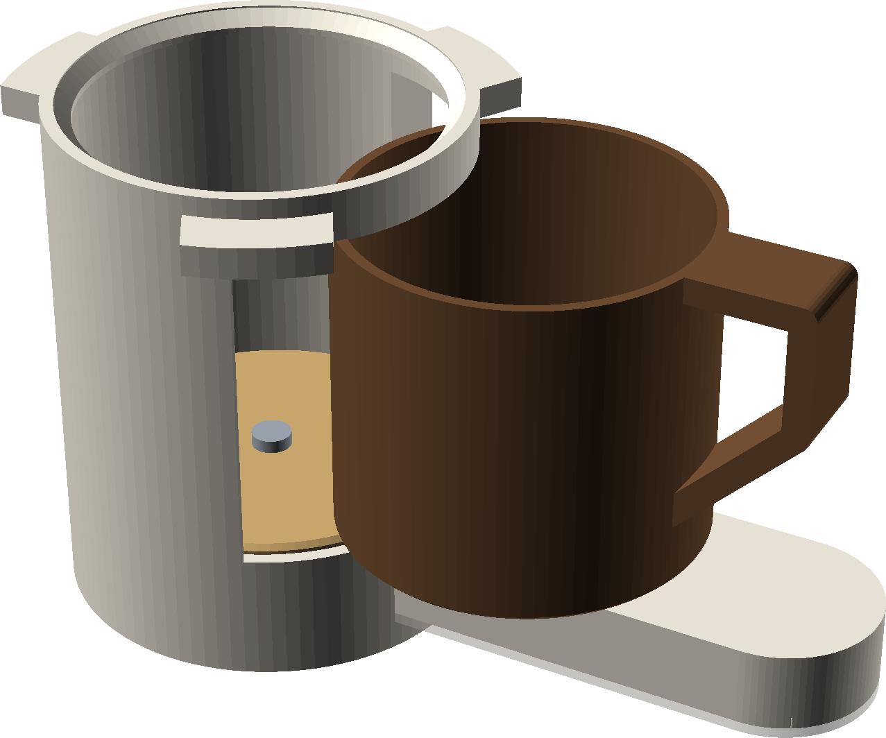 Render of Direction A: a portafilter-shaped cup scale with three lugs and a handle, its brown cup slid out of a window in the front