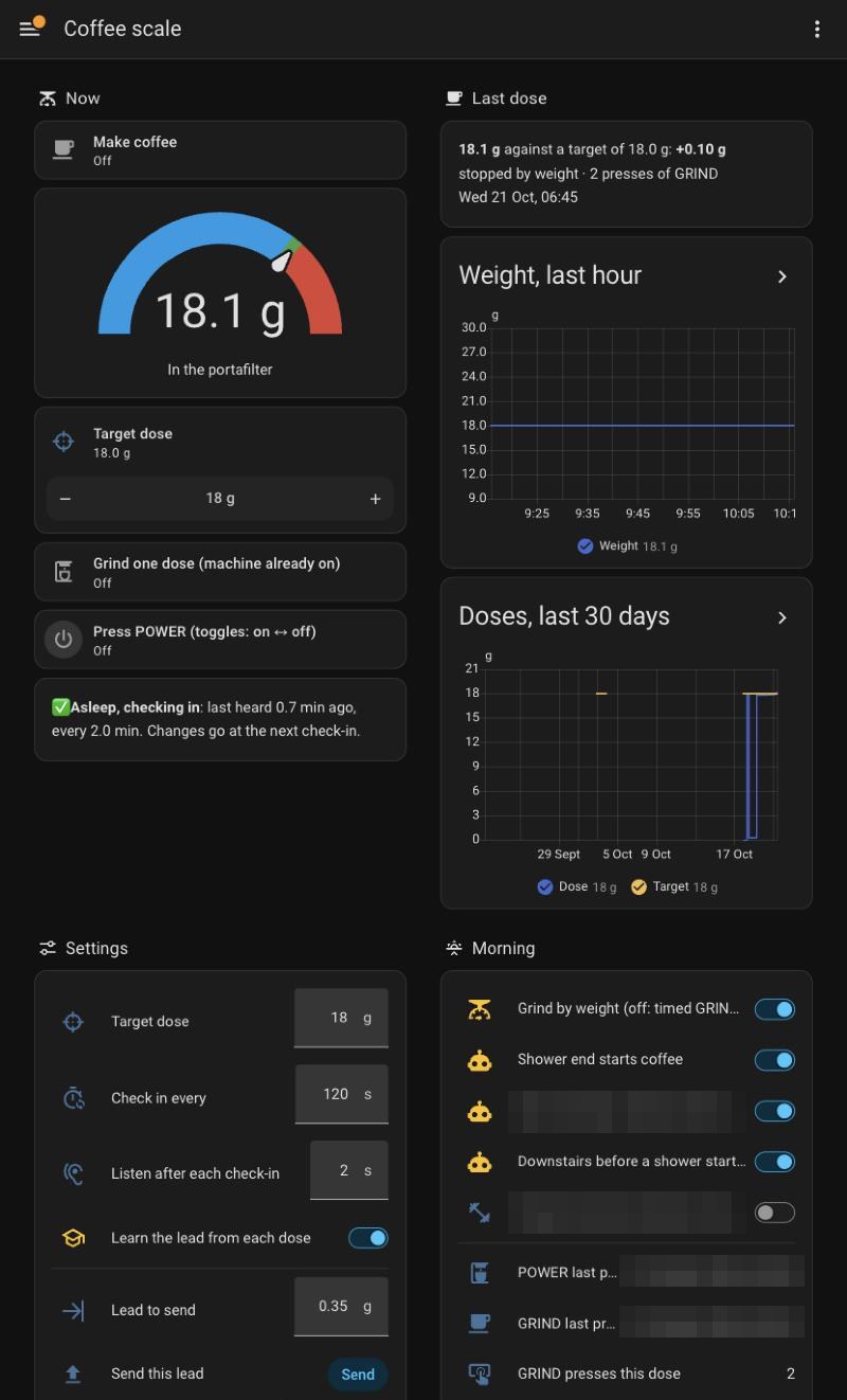 The Coffee scale dashboard in Home Assistant: a weight gauge reading 18.1 g, the target dose with minus and plus buttons, grind and POWER buttons, the last dose card, weight over the last hour, doses over thirty days, the scale's settings, and the morning automations