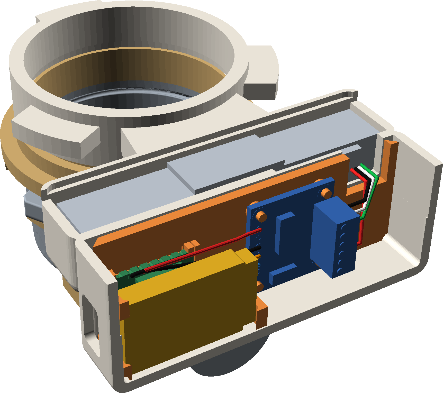 Render with the lid and front wall removed: the carrier plate holding the XIAO, the battery and the HX711, with the load cell above them