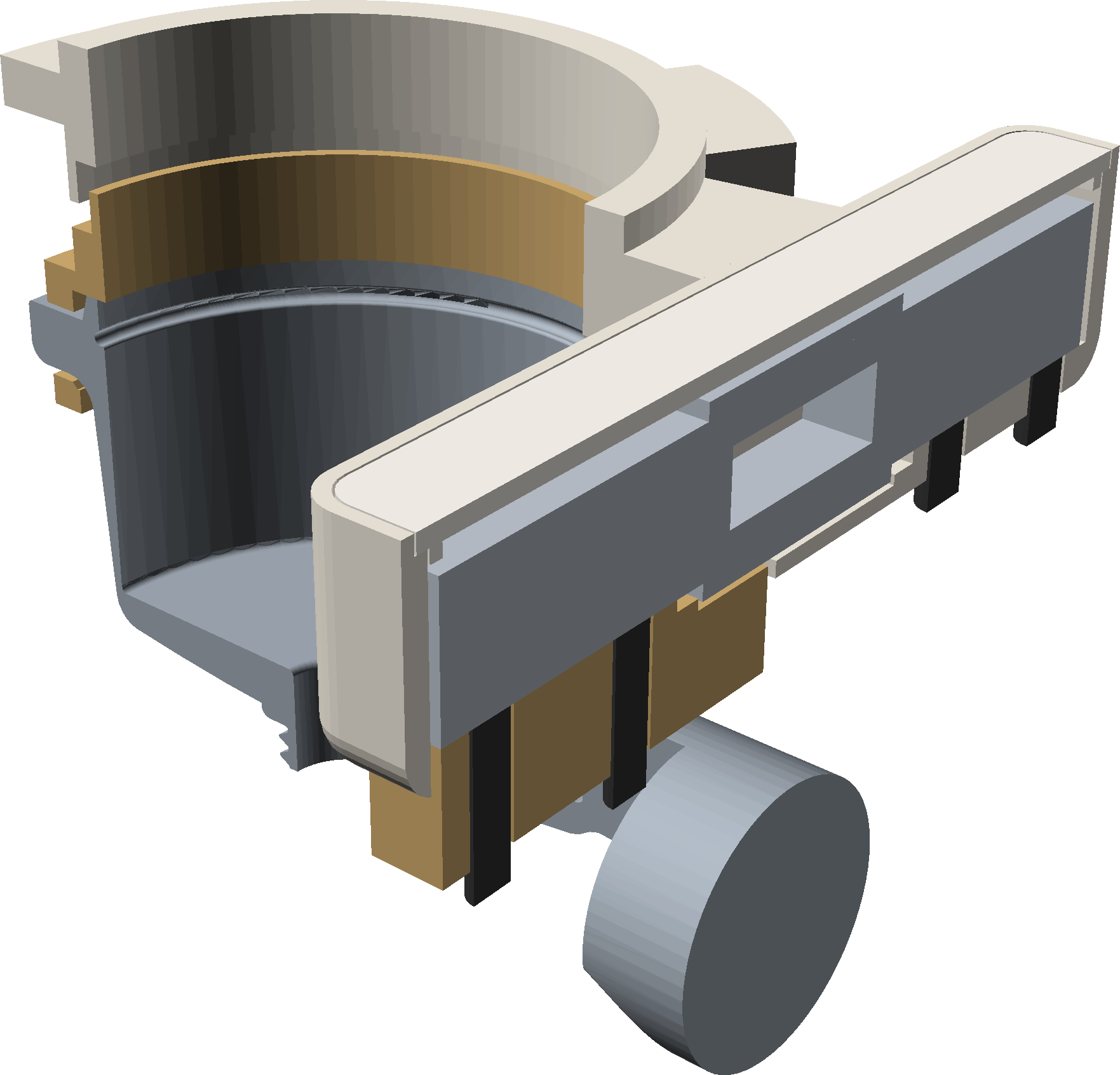 Cut-away render along the load cell: the top ring and collar, the sleeve inside it, the box with the load cell lying left to right, screws up through the floor at one end and up through the sleeve's arm at the other