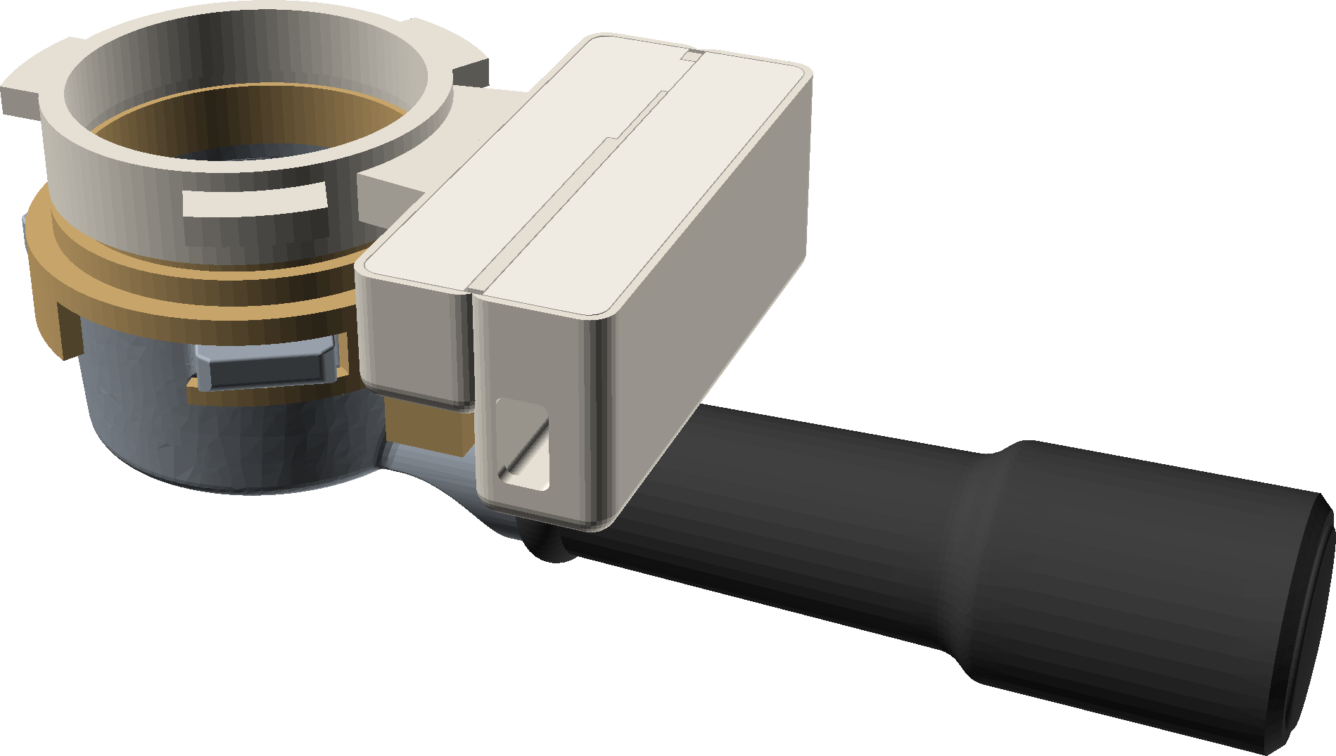 Render of the weighing dosing ring: cream top ring with three lugs, tan sleeve below it, the box across the front, and the portafilter hanging underneath