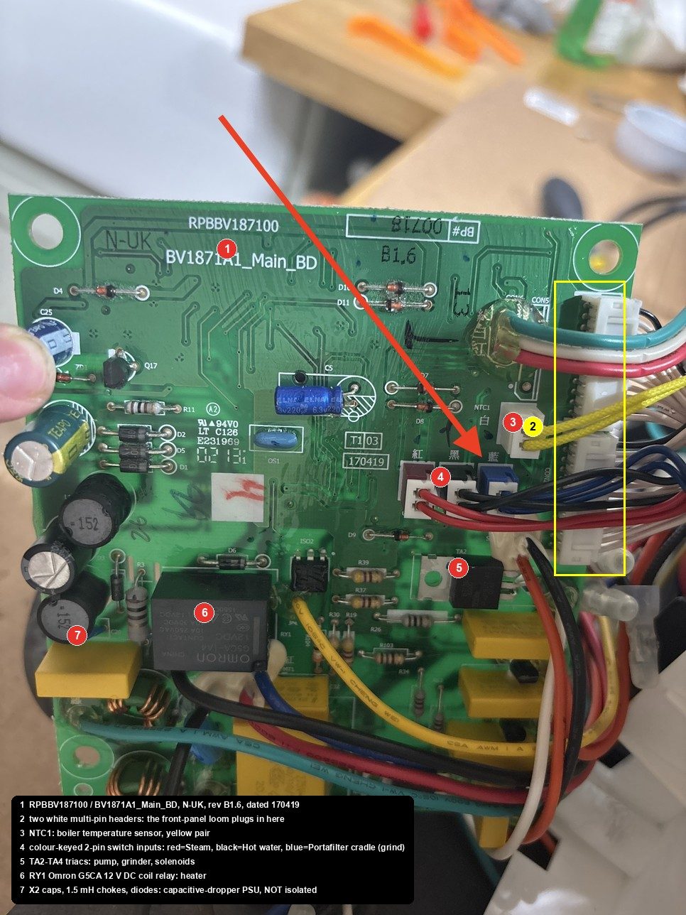 Main board component side, seven callouts