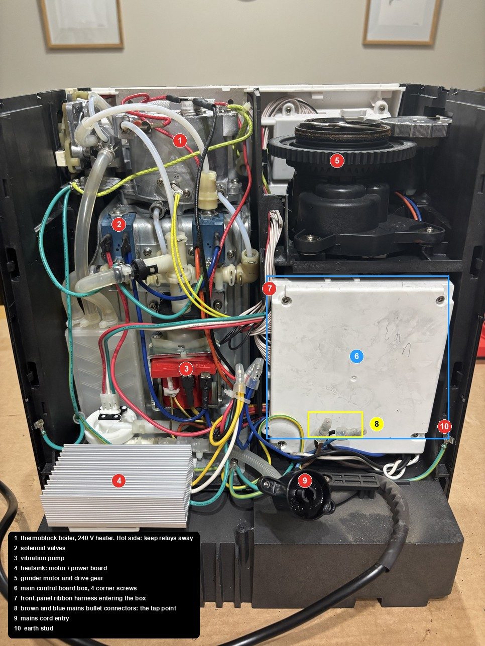 Rear view with the panel off, ten parts annotated