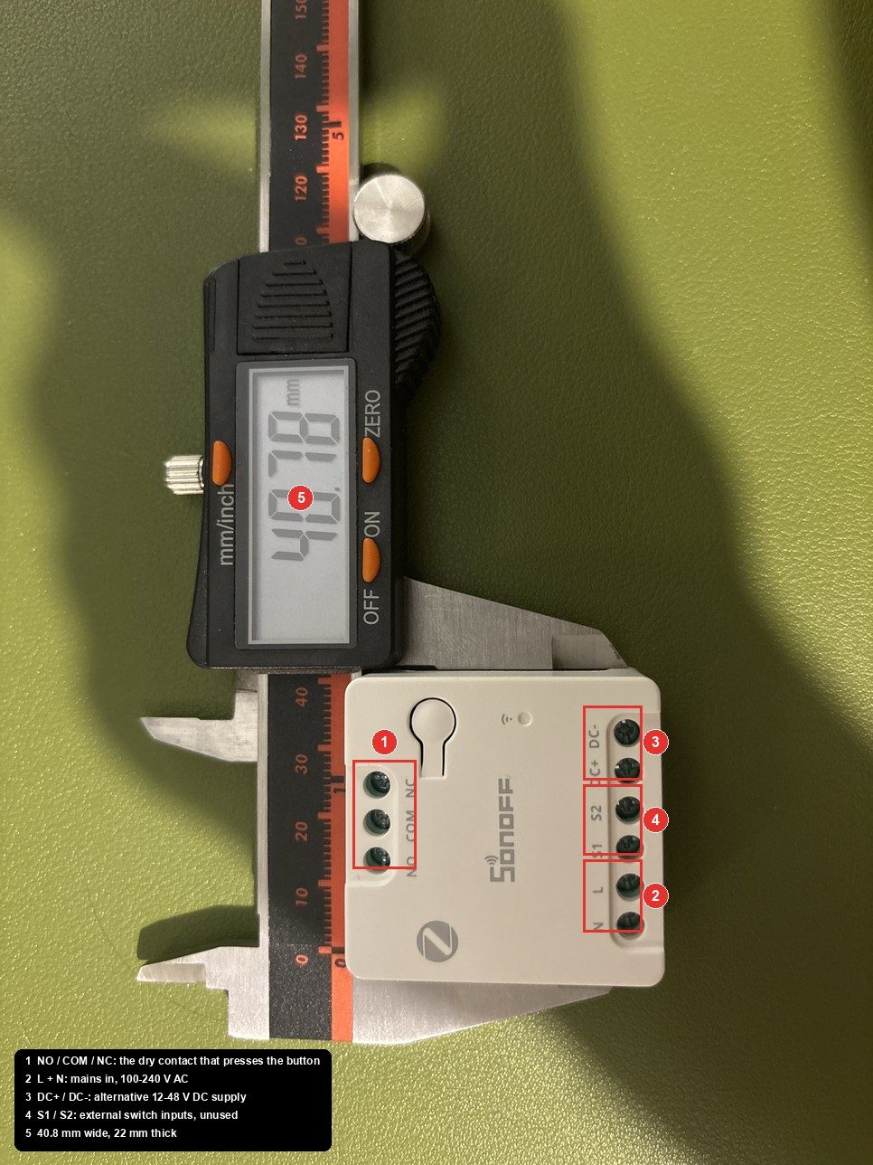 The Sonoff MINI-ZBD on calipers, terminals annotated